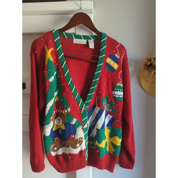 Vintage Lauren Gayle Petite Women's L Red Christmas Cardigan W/ Teddy Bear - Picture 2 of 8